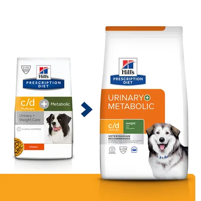 Hill's Prescription Diet c/d Multicare + Metabolic Urinary + Weight Care hundefoder, ny emballage: URINARY + METABOLIC. Billede af to poser med hunde og produktnavne synlige.