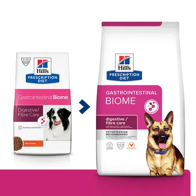 Hill's Prescription Diet Gastrointestinal Biome для собак, смена дизайна упаковки. Видны надписи: digestive/fibre care, ACTIVBIOME+, S+OX SHIELD, с курицей.