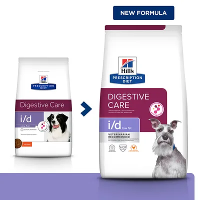 Hill's Prescription Diet Digestive Care i/d low fat -koiranruokapakkausten uudistus, näkyvissä vanha ja uusi pakkaus sekä teksti 'NEW FORMULA'.