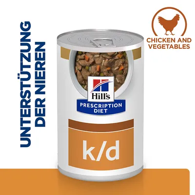 Hill's Prescription Diet k/d, texte allemand «UNTERSTÜTZUNG DER NIEREN», mention «CHICKEN AND VEGETABLES» en anglais, boîte montrant morceaux de viande et légumes.
