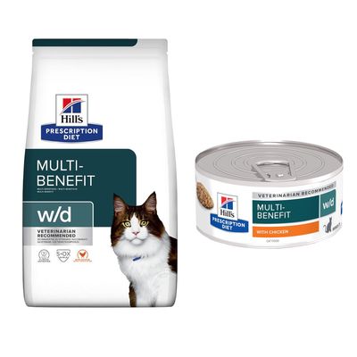 Hill's Prescription Diet Multi-Benefit w/d para gatos. Recomendado por veterinários, nutrição clínica, S+OX Shield, apoio ao controlo glicémico e gestão de peso.