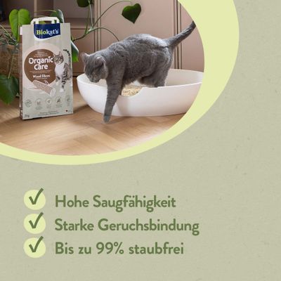 Biokat's Organic Care Wood Fibres Katzenstreu, Katze in Katzentoilette. Hohe Saugfähigkeit, starke Geruchsbindung, bis zu 99% staubfrei.
