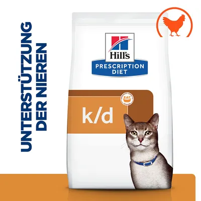 Hill's Prescription Diet k/d Katzenfutter mit Huhn, Unterstützung der Nieren. Abgebildet: Katze und Symbol für Huhn. Hill's Prescription Diet k/d Katzenfutter mit Huhn, Unterstützung der Nieren. Abgebildet: Katze und Symbol für Huhn.