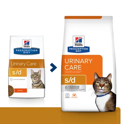 Hill's Prescription Diet Urinary Care s/d kissanruokapakkausten ulkoasu ennen ja jälkeen. Molemmissa pakkauksissa oranssi etiketti, teksti 'Urinary Care s/d' ja kissan kuva.