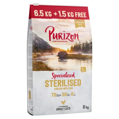 Purizon Specialised Sterilised Chicken with Fish para gatos adultos esterilizados, 8 kg. Promoción: 6,5 kg + 1,5 kg gratis. 70 % ingredientes animales, 30 % vegetales, 0 % cereales.