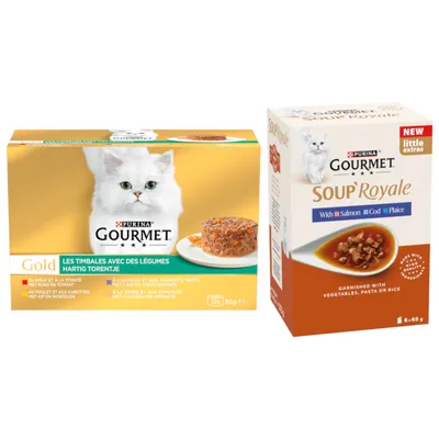 48x45 g gratis! 96 x 85 g Gourmet Gold + gratis 48x45 g Gourmet Soup Royal hrană umedă pisici - Gold 96 x 85 g Ragout 2: vită&legume, pui&morcovi, miel&fasole verde, curcan&spanac + Soup Royale Selecție de pește 48 x 45 g 48x45 g gratis! 96 x 85 g Gourmet Gold + gratis 48x45 g Gourmet Soup Royal hrană umedă pisici - Gold 96 x 85 g Ragout 2: vită&legume, pui&morcovi, miel&fasole verde, curcan&spanac + Soup Royale Selecție de pește 48 x 45 g