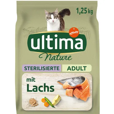 Корм для стерилизованных взрослых кошек Ultima Nature mit Lachs, 1,25 кг. На упаковке изображены кусочки лосося, злаки, горох, морковь и яблоко. Видна надпись affinity.