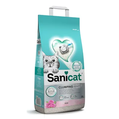 Sanicat Clumping White kattenbakvulling, 8L, met rozengeur. Tekst: Oxygen Odour Control, Low Tracking, No Dust. Afbeelding van kat en schepje met korrels zichtbaar. Sanicat Clumping White kattenbakvulling, 8L, met rozengeur. Tekst: Oxygen Odour Control, Low Tracking, No Dust. Afbeelding van kat en schepje met korrels zichtbaar.