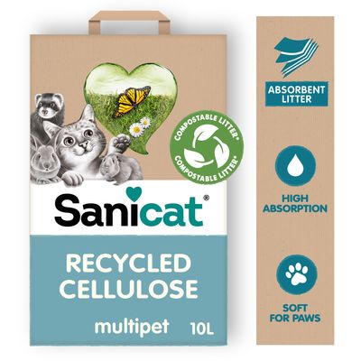 Sanicat Recycled Cellulose, 10L. Composteerbaar strooisel, hoge absorptie, zacht voor poten. Geschikt voor meerdere diersoorten.