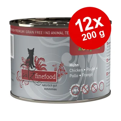 Συσκευασία catz finefood Huhn, 12x200g. Ορατό κείμενο: grain free, no animal testing, Chicken, Poulet, Pollo, Frango, 98 %, χωρίς ζάχαρη, χωρίς δημητριακά.