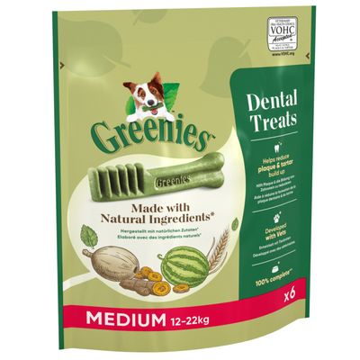 Greenies Dental Treats Medium 12–22 kg, made with natural ingredients, 6 pieces. Helps reduce plaque and tartar. Developed with veterinarians. 100% complete.