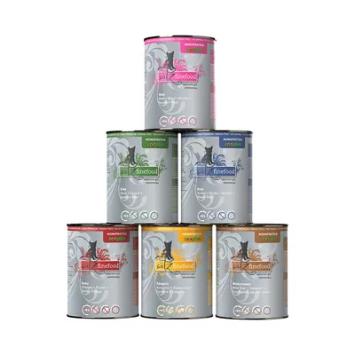catz finefood Monoprotein cat food, six varieties: beef, duck, turkey, chicken, kangaroo, wild boar. Grain-free, no animal testing.