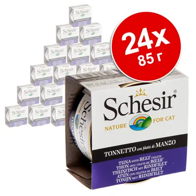 Schesir Nature for Cat, Tonnetto con filetti di Manzo, 24×85 г консерви за котки. Видими са опаковките и надписът на промоционалния кръгъл етикет.
