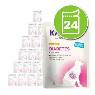 Kattovit Feline Diabetes mit Huhn, lot de 24 sachets. Texte visible : Blutucker, niedriger Kohlenhydratgehalt, Regulierung des Blutzuckerspiegels, verbesserte Rezeptur. Kattovit Feline Diabetes mit Huhn, lot de 24 sachets. Texte visible : Blutucker, niedriger Kohlenhydratgehalt, Regulierung des Blutzuckerspiegels, verbesserte Rezeptur.