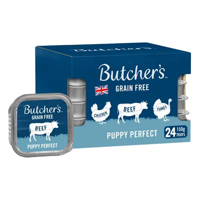 Butcher's Grain Free Puppy Perfect food, 24 trays of 150g each. Contains chicken, beef, and turkey. Grain free recipe. Butcher's Grain Free Puppy Perfect food, 24 trays of 150g each. Contains chicken, beef, and turkey. Grain free recipe.