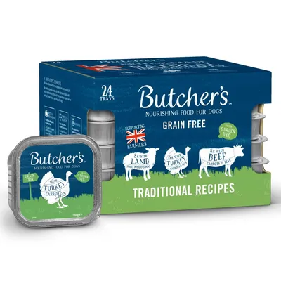 Butcher's nourishing food for dogs, grain free, traditional recipes. Pack contains 24 trays: 8 with lamb, sweet potato and peas; 8 with turkey, carrots and peas; 8 with beef, carrots and peas.