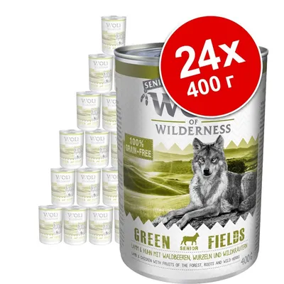 Wolf of Wilderness Green Fields Senior, 24 консерви по 400 г. Надпис: 100% grain-free. Изображение на вълк и пейзаж на опаковката. Wolf of Wilderness Green Fields Senior, 24 консерви по 400 г. Надпис: 100% grain-free. Изображение на вълк и пейзаж на опаковката.