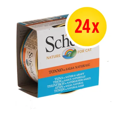 Schesir Nature for Cat, tonno in salsa naturale, confezione da 24x70g. Testo visibile: TUNA in NATURAL GRAVY, THON en SAUCE NATURELLE, THUNFISCH in NATÜRLICHER SAUCE.