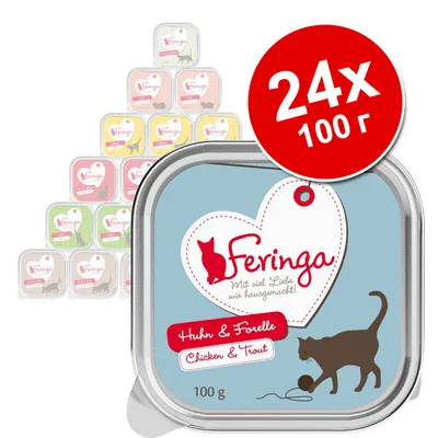 Feringa Huhn & Forelle Chicken & Trout, 24 броя по 100 г. Видими различни опаковки с етикет Feringa и изображение на котка.