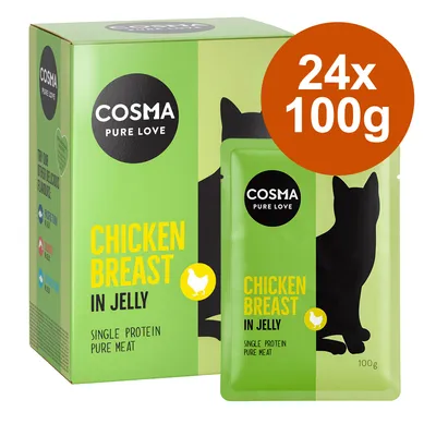 Cosma Pure Love Chicken Breast in Jelly, Single Protein Pure Meat, Packung mit 24x100g. Grünes Design mit Silhouette einer Katze und Huhn-Symbol. Cosma Pure Love Chicken Breast in Jelly, Single Protein Pure Meat, Packung mit 24x100g. Grünes Design mit Silhouette einer Katze und Huhn-Symbol.