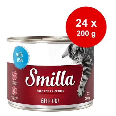 Smilla Beef Pot kattemad, with fish, contains taurine, grain-free recipe, food for a lifetime, 24 x 200 g, Made in Germany. Dåse med billede af kat.