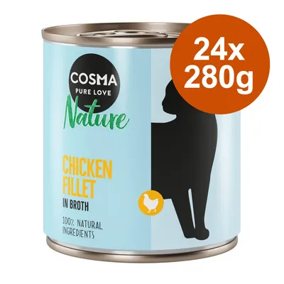 Cosma Nature Chicken Fillet in Broth, 24x280g, 100% natürliche Zutaten. Abgebildet: Dose mit Katzen-Silhouette und Huhn-Icon.