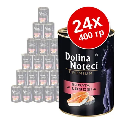 24 банки по 400 г Dolina Noteci Premium для кошек, надпись на банке: BOGATA W ŁOSOSIA, изображение лосося и силуэт кошки на упаковке. 24 банки по 400 г Dolina Noteci Premium для кошек, надпись на банке: BOGATA W ŁOSOSIA, изображение лосося и силуэт кошки на упаковке.