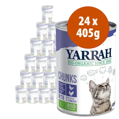 Pack de 24 latas de 405 g de Yarrah Chunks para gatos, con texto visible: 'BIO-ORGANIC SINCE 1992', 'WITH NETTLE & TOMATO', 'BIO ORGANIC' y dibujo de un gato. Pack de 24 latas de 405 g de Yarrah Chunks para gatos, con texto visible: 'BIO-ORGANIC SINCE 1992', 'WITH NETTLE & TOMATO', 'BIO ORGANIC' y dibujo de un gato.