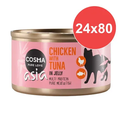 COSMA PURE LOVE asia CHICKEN WITH TUNA IN JELLY, multi protein pure meat & fish, balení 24×80 g, obrázek kočky, kuřete a ryby na obalu