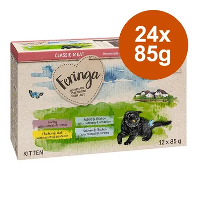 Feringa Classic Meat Kitten, 24x85g. Sorten: Truthahn mit Kürbis & Katzenminze, Kaninchen & Huhn mit Kartoffeln & Löwenzahn, Lachs & Huhn mit Brokkoli & Petersilie, Kalb & Huhn mit Karotten.