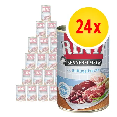 24 lattine Rinti Kennerfleisch mit Geflügelherzen, confezione visibile con etichetta e immagini di carne. Testo tedesco sull'etichetta: Getreidefrei, Fleisch pur, Kohlenhydratarm.