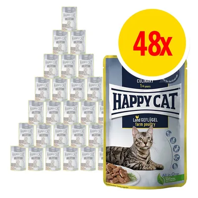 48 confezioni di cibo per gatti Happy Cat Culinary Land Geflügel, immagine con bustina e lattine visibili, scritta 'farm poultry', foto di un gatto sul fronte della confezione.