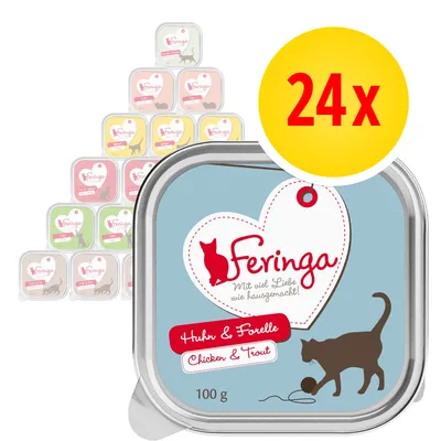Feringa Huhn & Forelle Chicken & Trout, 100 g. Balení 24×. Na obalu silueta kočky a nápis Mit viel Liebe wie hausgemacht!