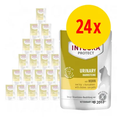 Lot de 24 sachets Integra Protect Urinary Harnsteine mit Huhn, mention visible : urinary pH 6,5, sans céréales, avec poulet. Texte en allemand, néerlandais, anglais, espagnol.