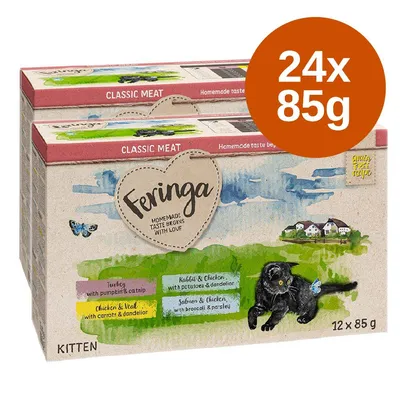 Feringa Classic Meat Kitten, 24 x 85 g. Smaki: indyk z dynią i kocimiętką, królik i kurczak z ziemniakami i mniszkiem, kurczak i cielęcina z marchewką, łosoś i kurczak z brokułem.