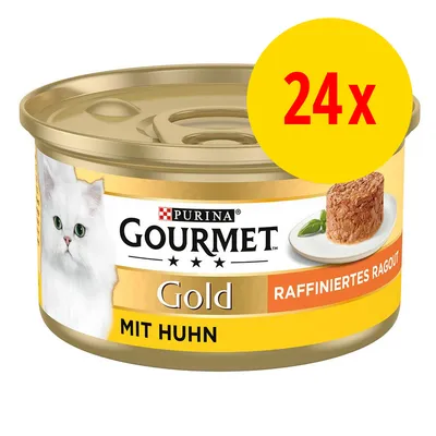 Boîte Purina Gourmet Gold Raffiniertes Ragout mit Huhn, lot de 24x. Image d’un chat blanc et pâtée sur assiette visibles sur l’emballage.