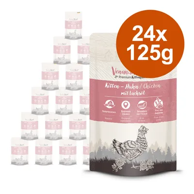 Venandi Animal Premium hrana za mačje mladiče, piščanec z lososovim oljem, 24x125g. Naravne, lokalne sestavine, veliko mesa, brez žit.