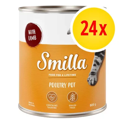 Boîte Smilla Poultry Pot 800 g, avec agneau, contient taurine, sans céréales, lot de 24x. Texte en anglais visible sur l’emballage.