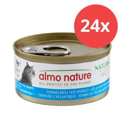 Boîte de 70 g almo nature HFC Thon de l’Atlantique pour chat, lot de 24. Texte visible : All profits to the planet.