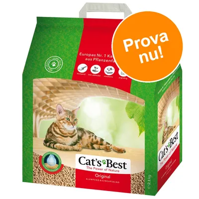 Förpackning Cat's Best The Power of Nature Original, text: Europas Nr. 1 Kattströ aus Pflanzenfaser, symboler för klumpbildande, biologiskt nedbrytbar, dammfri, dryg, orange cirkel med Prova nu!