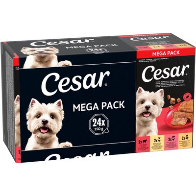 Cesar Mega Pack, 24x150g, klassinen terriini, 100 % täysravinto ja tasapainoinen. Eri makuja naudan-, kanan-, vasikan- ja siipikarjanlihasta, näkyvissä pakkauksessa.