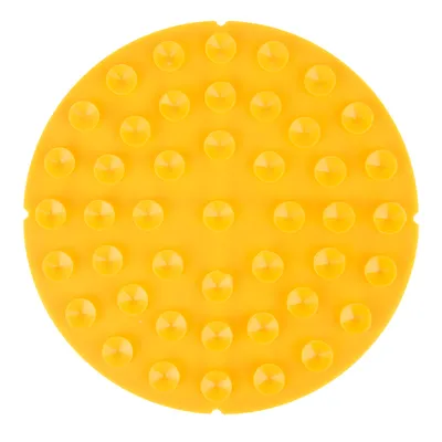 Runde gelbe Silikonmatte mit erhöhten Noppen, geeignet für langsames Fressen oder Beschäftigung von Haustieren.