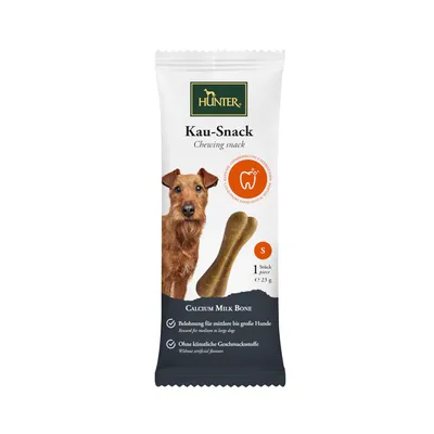 Hunter Kau-Snack Calcium Milk Bone, beloning voor middelgrote tot grote honden, zonder kunstmatige smaakstoffen, 1 stuk, 23g.