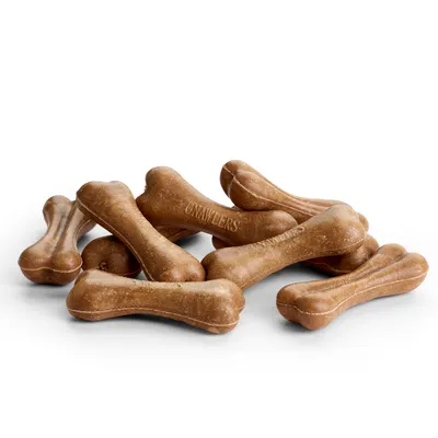 Brown chew sticks in bone shape with the inscription 'Gnawlers'.