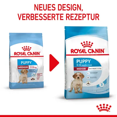 Royal Canin Puppy Medium для собак 11-25 кг. Новый дизайн, улучшенная рецептура. Возраст 2-12 месяцев. Сравнение старой и новой упаковки.