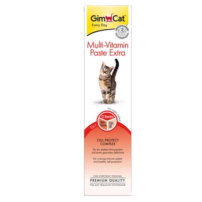 GimCat Multi-Vitamin Paste Extra, 12 Vitamins, Beta-Glucan, Fish Oil, Cell-Protect Complex, bez pridaného cukru. Text v angličtine a nemčine na obale.