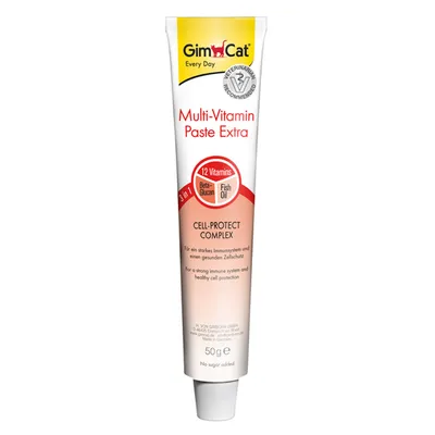 Tuba GimCat Multi-Vitamin Paste Extra, 12 vitamins, beta-glukan, ribje olje, Cell-Protect Complex, priporočajo veterinarji, 50 g. Na embalaži tudi besedilo v nemščini in angleščini.