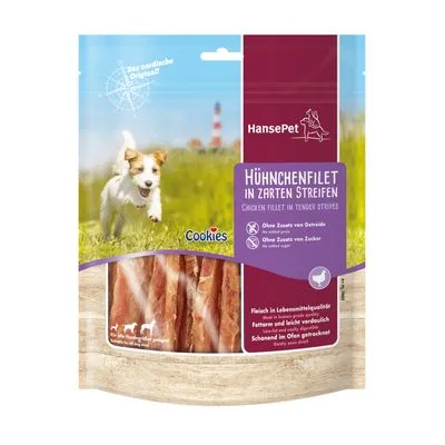 HansePet Hähnchenfilet in zarten Streifen, verpakking met zichtbare kipfiletstroken. Tekst: zonder granen, zonder suiker. Cookies. Fleisch in Lebensmittelqualität. Duitse tekst op verpakking.