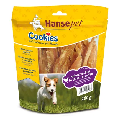 Hansepet Cookies Delikatessen für Hunde, Hühnchenfilet in zarten Streifen, fettarm und leicht verdaulich, schonend im Ofen getrocknet, 200g Packung.