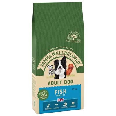 James Wellbeloved Adult Dog Fish and Rice, 15 kg. Hypoallergenic, naturally healthy. Britse vlag zichtbaar op verpakking.